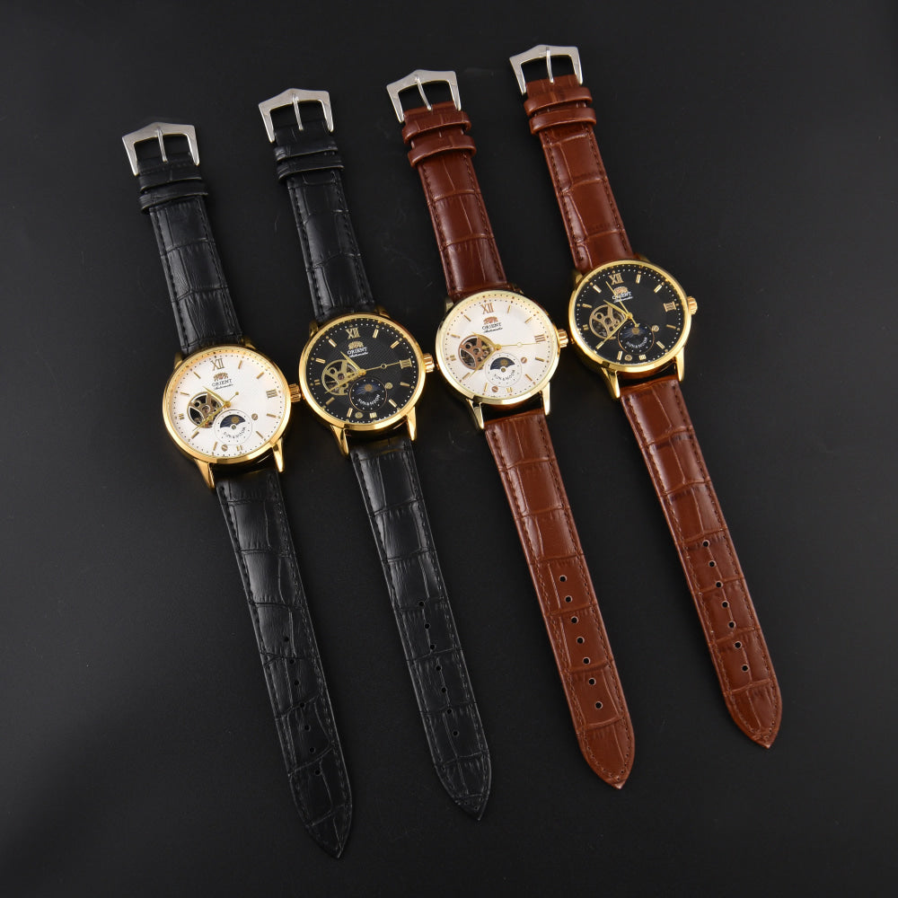 Orient Automatic Men's Watch Sun & Moon Phase Skeleton Dial Gold Case Black Leather Strap Mechanical Wristwatch