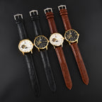 Orient Automatic Men's Watch Sun & Moon Phase Skeleton Dial Gold Case Black Leather Strap Mechanical Wristwatch
