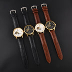 Orient Automatic Men's Watch Sun & Moon Phase Skeleton Dial Gold Case Black Leather Strap Mechanical Wristwatch