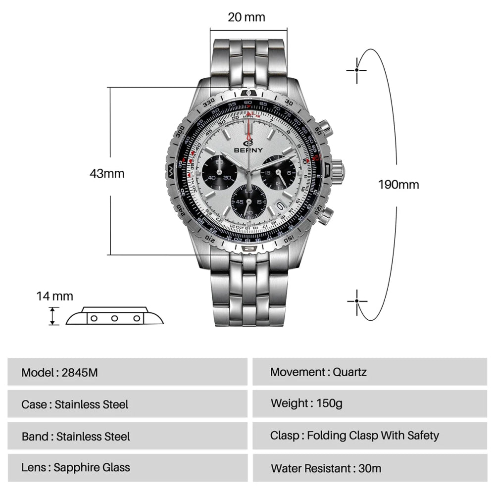 BERNY Chronograph Watches for Men Aviation Multifunction Quartz Men's Watch Date Sapphire Super Luminous Luxury Wristwatch