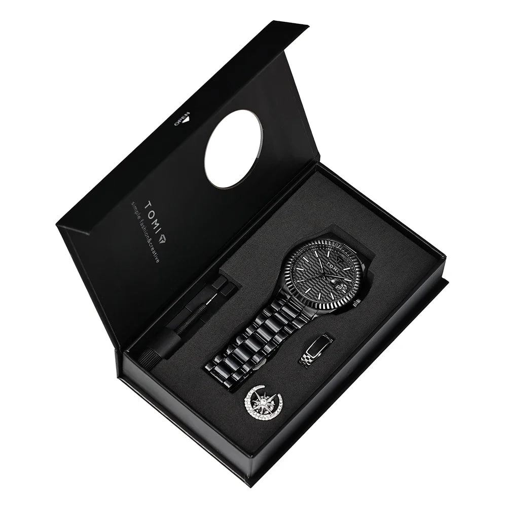 TOMI New Men's Watch Brooch Ring Gift Box Set Luxury Business Stainless Steel Strap Men's Calendar Casual Quartz Watch Reloj