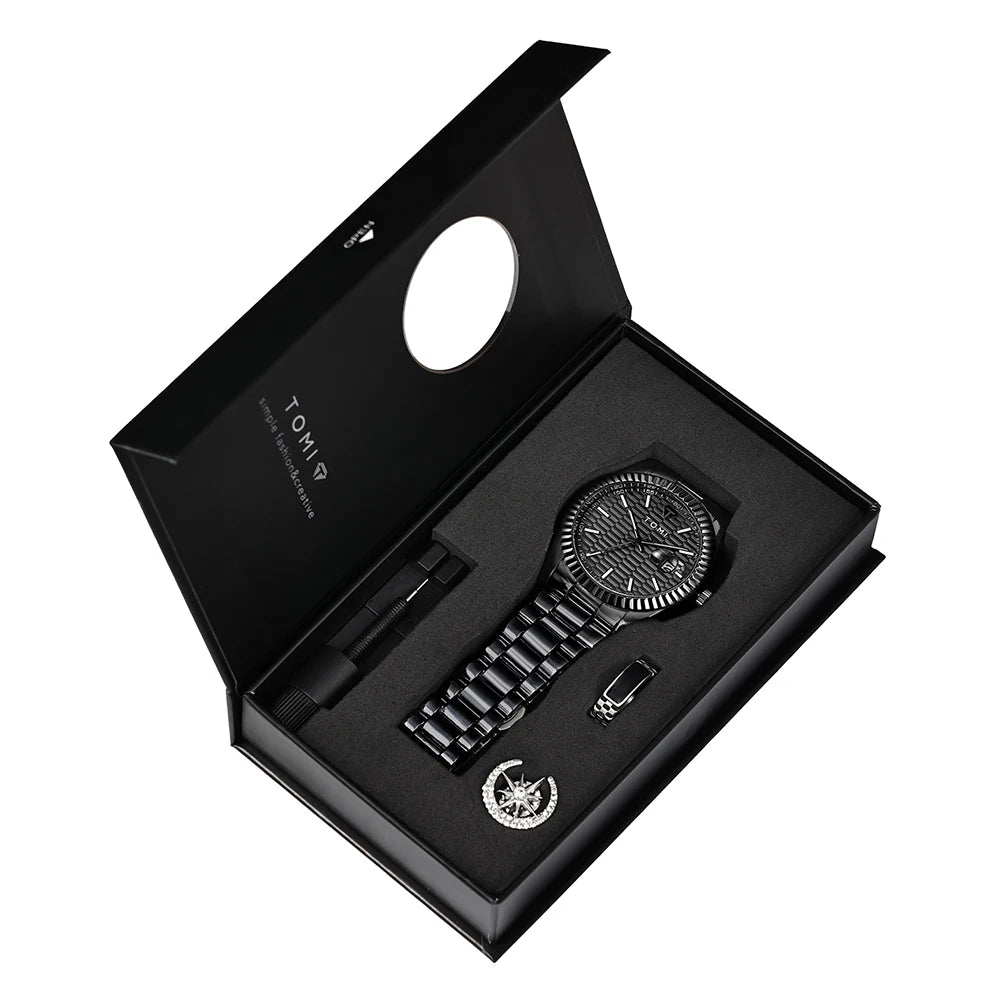 TOMI New Men's Watch Brooch Ring Gift Box Set Luxury Business Stainless Steel Strap Men's Calendar Casual Quartz Watch Reloj