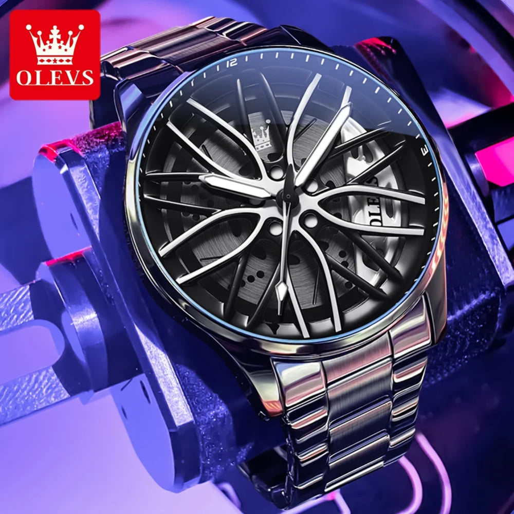 OLEVS Mens Watch Quartz Watch Original Rotatable Wheel Hub Dial Fashion Trend Waterproof Luminous Stainless Steel Reloj 9937