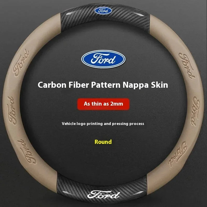 For Ford Mondeo Focus Raptor Puma Edge Explorer Ecosport Ranger F150 Kuga Car AntiSlip Carbon Fiber Leather Steering Wheel Cover
