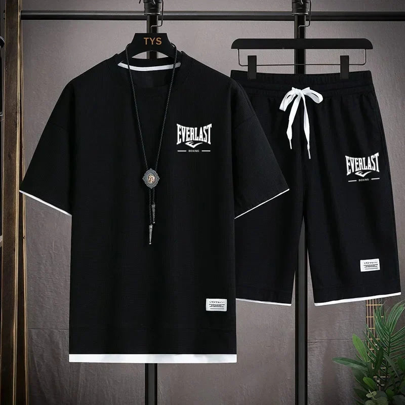 2026 Men's summer suit high quality round neck men's T-shirt 2 pieces shorts running quick dry leisure quick dry.