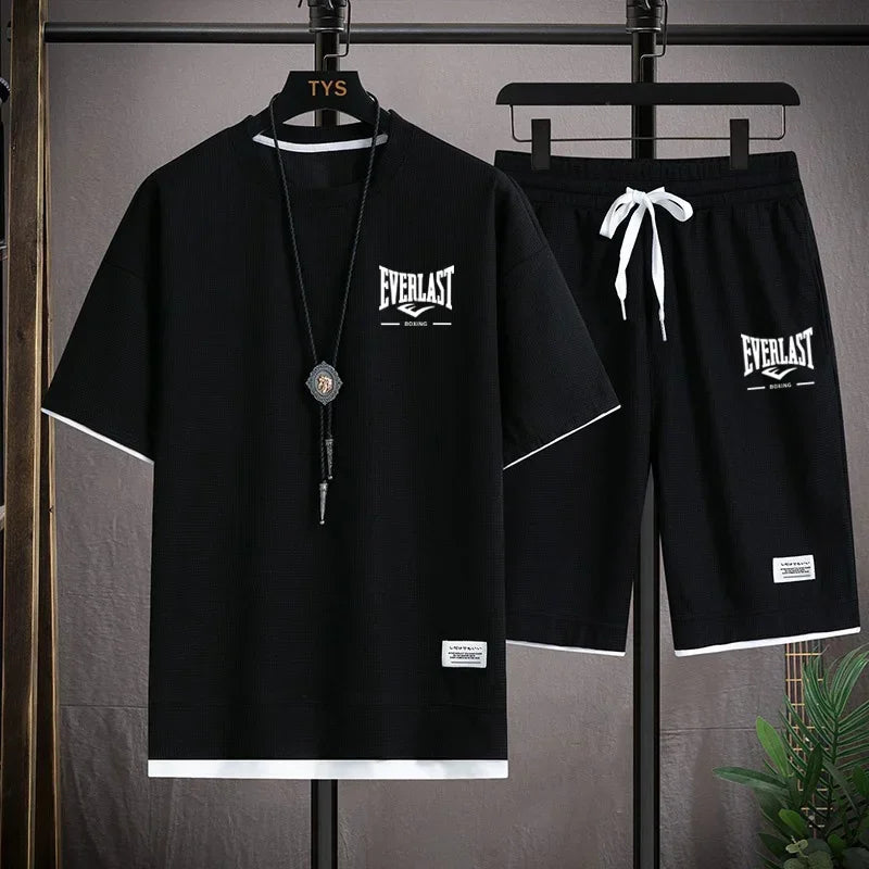 2026 Men's summer suit high quality round neck men's T-shirt 2 pieces shorts running quick dry leisure quick dry.