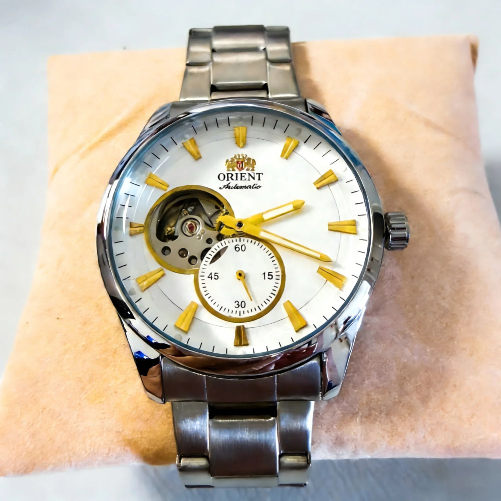 ORIENT Automatic Mechanical Watch Men's Stainless Steel Strap Skeleton Dial White Gold Needle Luminous 50M Waterproof Sapphire