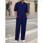 Men's Fall Casual Outfits Solid Color Henley Collar Long Sleeve Tops with Elastic Waist Pants Long Sleeve Pants Shirt Suit