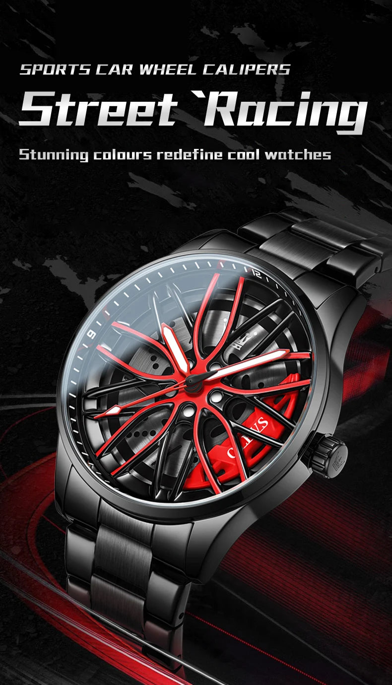 OLEVS Mens Watch Quartz Watch Original Rotatable Wheel Hub Dial Fashion Trend Waterproof Luminous Stainless Steel Reloj 9937