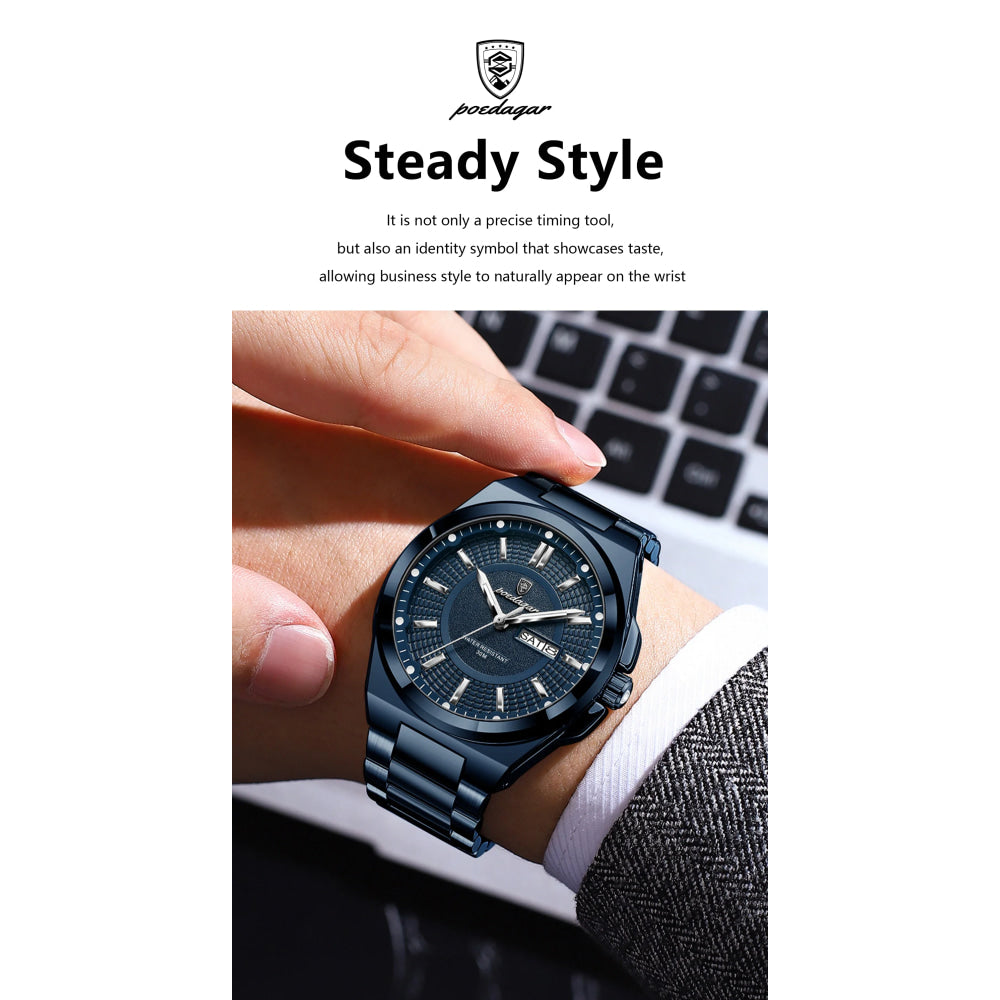 POEDAGAR Sport Original Men Clock Quartz Date Week Luxury Man Wristwatch Waterproof Luminous Stainless Steel Men's Watches Reloj