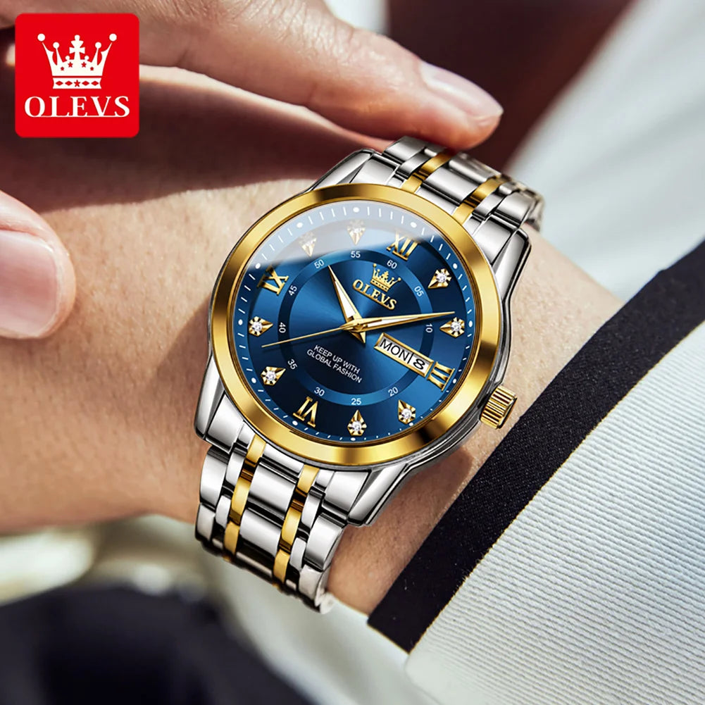 OLEVS 5513 reloj para hombre marca de moda Original reloj luminoso resistente al agua de cuarzo para hombre caja de reloj con calendario Dual de acero inoxidable