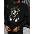 Men's autumn and winter fashionable casual loose cool bear cartoon graphic print fleece long sleeved round neck sweatshirt