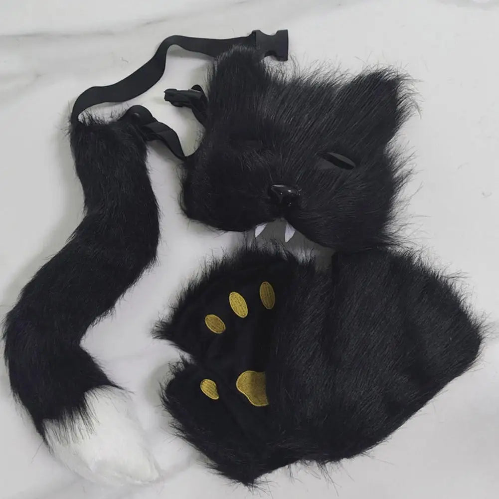 Guantes de máscara de cola de piel esponjosa, guantes de manos con patas de gato y máscara de lobo Therian, conjunto para disfraz de Halloween, accesorios para fiesta