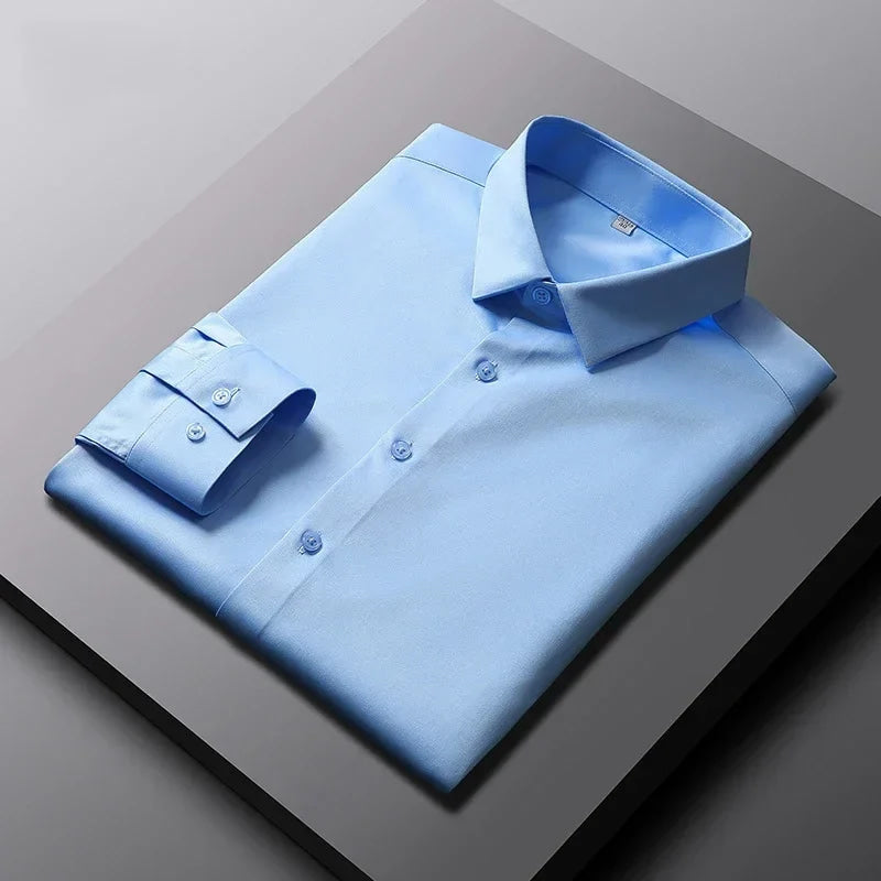 Camisa de color sólido de manga larga informal y de moda para hombre Top de negocios sin planchar y resistente a las arrugas