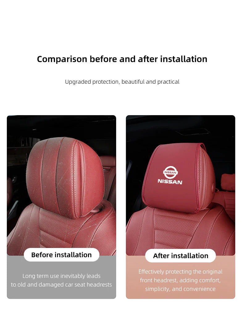 Leather Car Headrest Cover Front Rear Seat Pillow Protective Set For Nissan Sylphy N7 Teana Qashqai Note J10 J11 Navara Juke GTR
