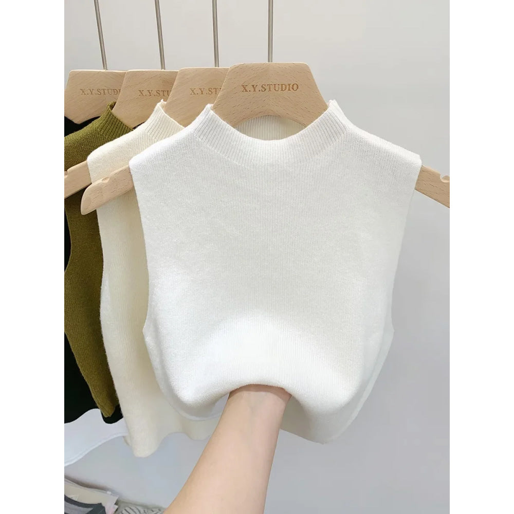Camiseta sin mangas de punto para mujer, suéter ajustado corto sin mangas, suéteres lisos para primavera y otoño, jerséis 2026