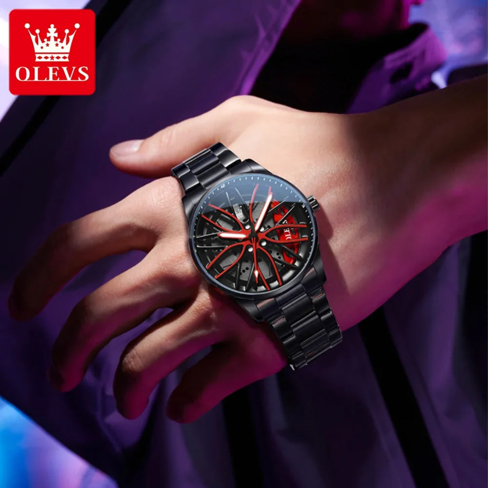 OLEVS Mens Watch Quartz Watch Original Rotatable Wheel Hub Dial Fashion Trend Waterproof Luminous Stainless Steel Reloj 9937