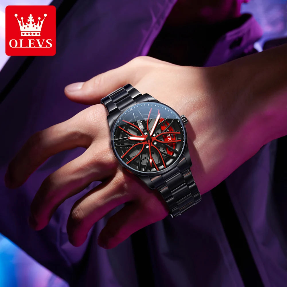 OLEVS Mens Watch Quartz Watch Original Rotatable Wheel Hub Dial Fashion Trend Waterproof Luminous Stainless Steel Reloj 9937