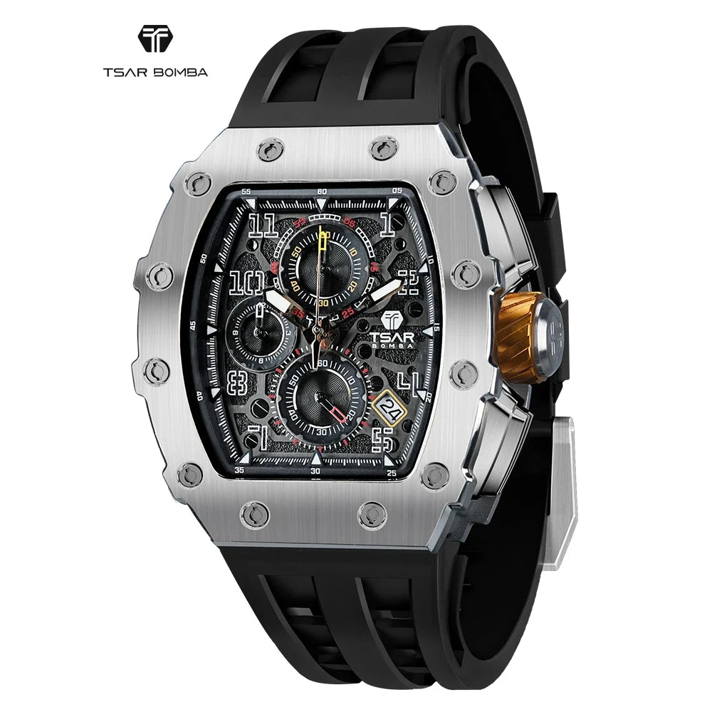 TSAR BOMBA Watch for Men Luxury Brand Tonneau Design Waterproof Clock Stainless Steel Wristwatch Fashion Rectangle Mens Watch