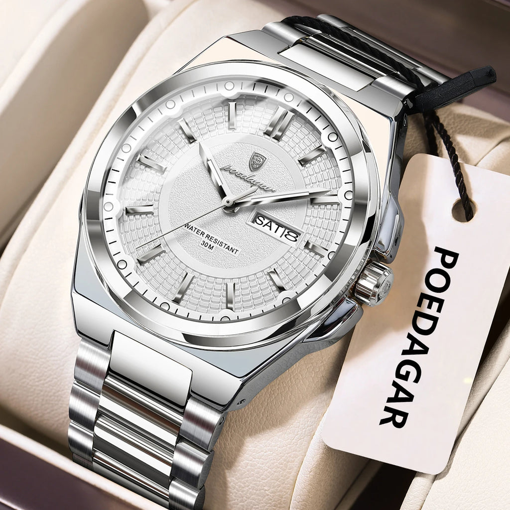 POEDAGAR Sport Original Men Clock Quartz Date Week Luxury Man Wristwatch Waterproof Luminous Stainless Steel Men's Watches Reloj