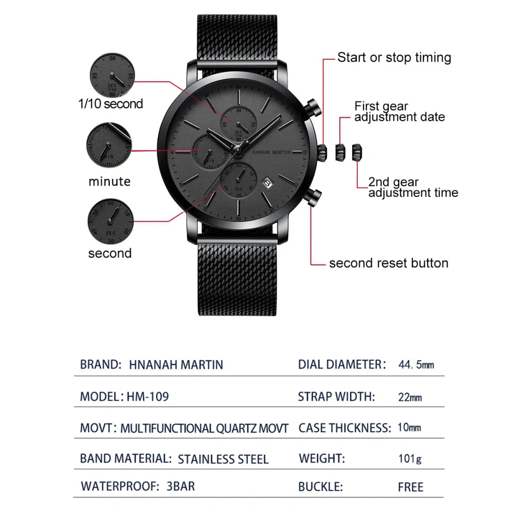 Reloj Hannah Martin Top para hombre, marca de estilo empresarial, acero inoxidable, moda, resistente al agua, deportivo, reloj de cuarzo multifuncional para hombre