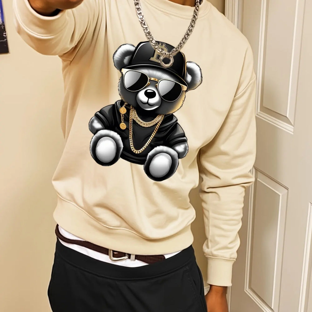 Men's autumn and winter fashionable casual loose cool bear cartoon graphic print fleece long sleeved round neck sweatshirt