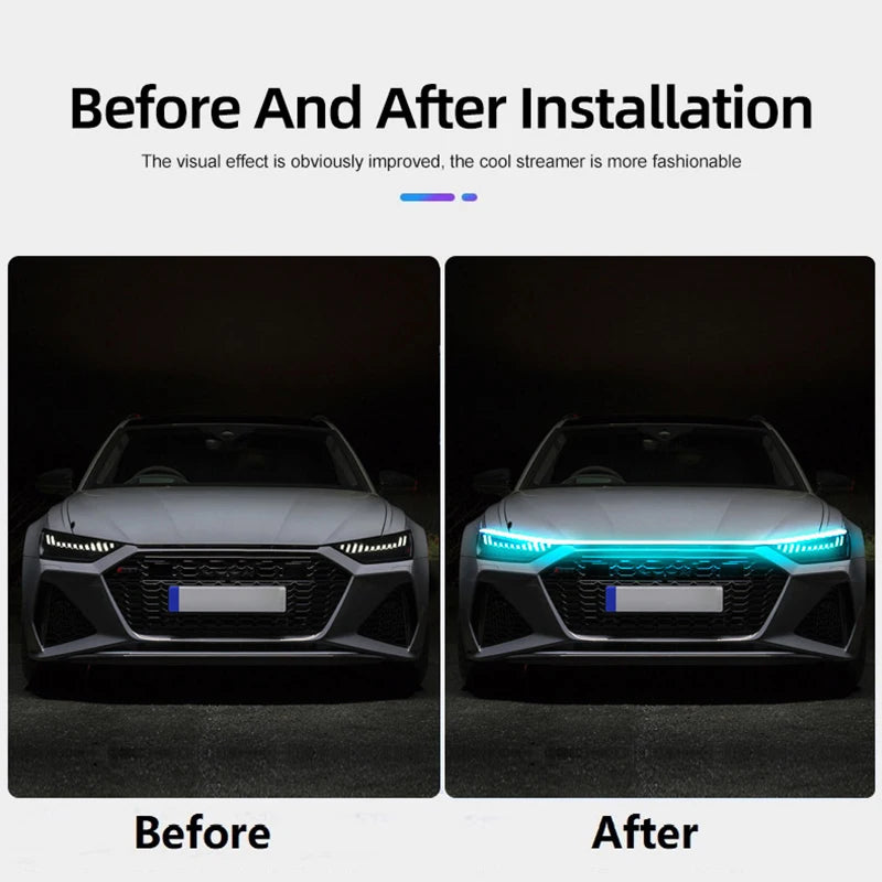 Dynamic Car LED Hood Light 12V Daytime Running Light Start-scan Engine Guide Light Waterproof Decorative Ambient Light Strip