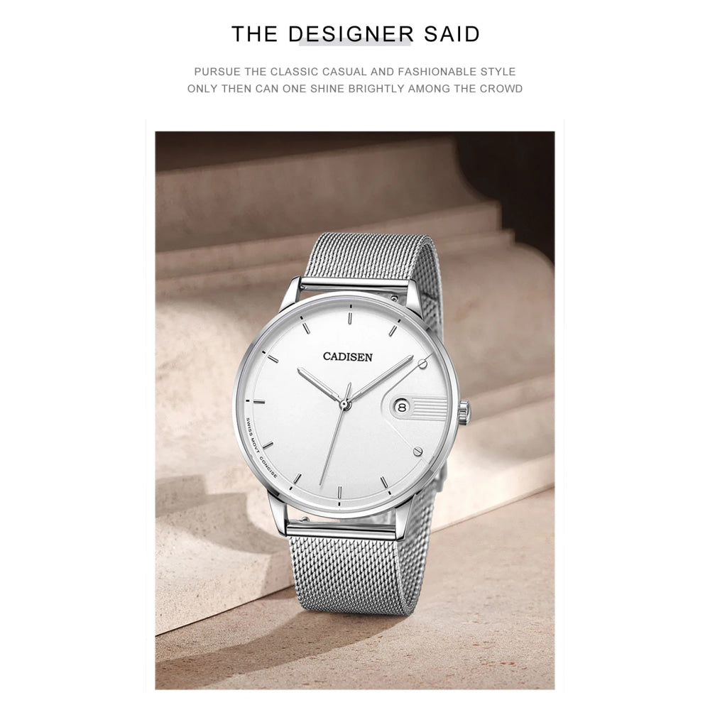 CADISEN Swiss Ronda 715 Quartz Watch Mans 7MM Ultra-thin Dial Sapphire Luminous Stainless Steel Milano Mesh Strap Watches Men