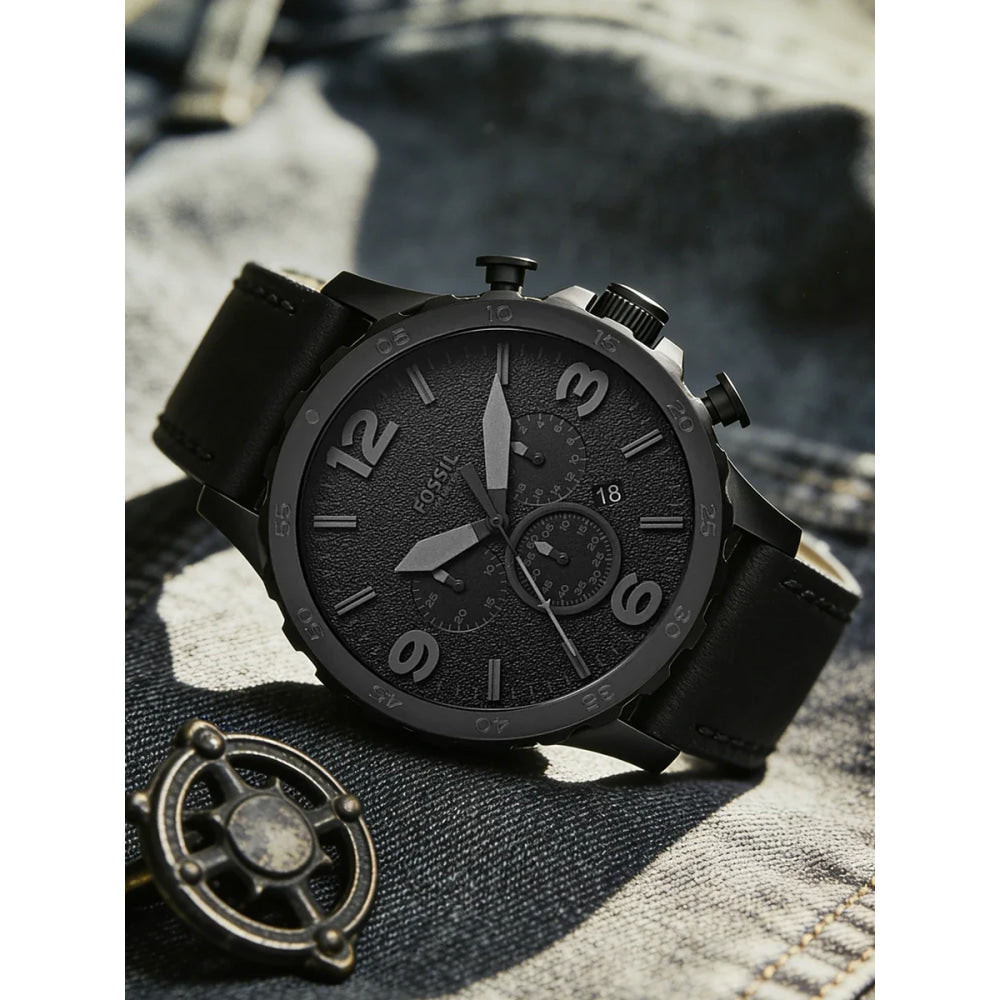 Fossil JR1354 Nate Chronograph Men Watch Black Leather 50mm Big Dial Military Sport Quartz Wristwatch Relogio Masculino