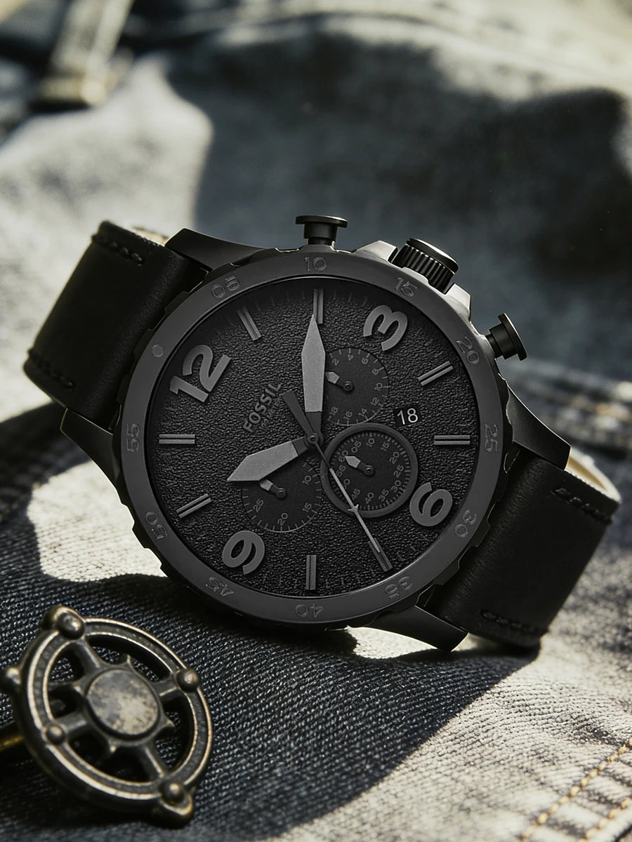 Fossil JR1354 Nate Chronograph Men Watch Black Leather 50mm Big Dial Military Sport Quartz Wristwatch Relogio Masculino