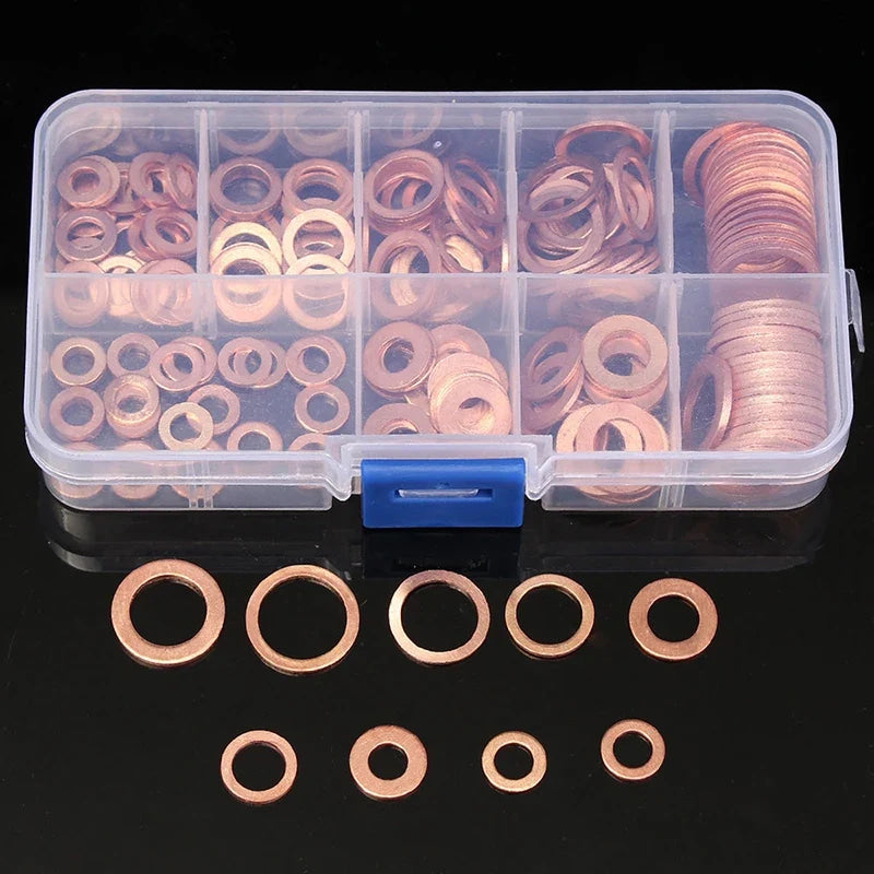 Juego de tuercas y pernos de junta de arandela de cobre, Kit surtido de sellos de anillo plano con caja //M8/M10/M12/M14 para tapones de sumidero, 100/200 Uds.