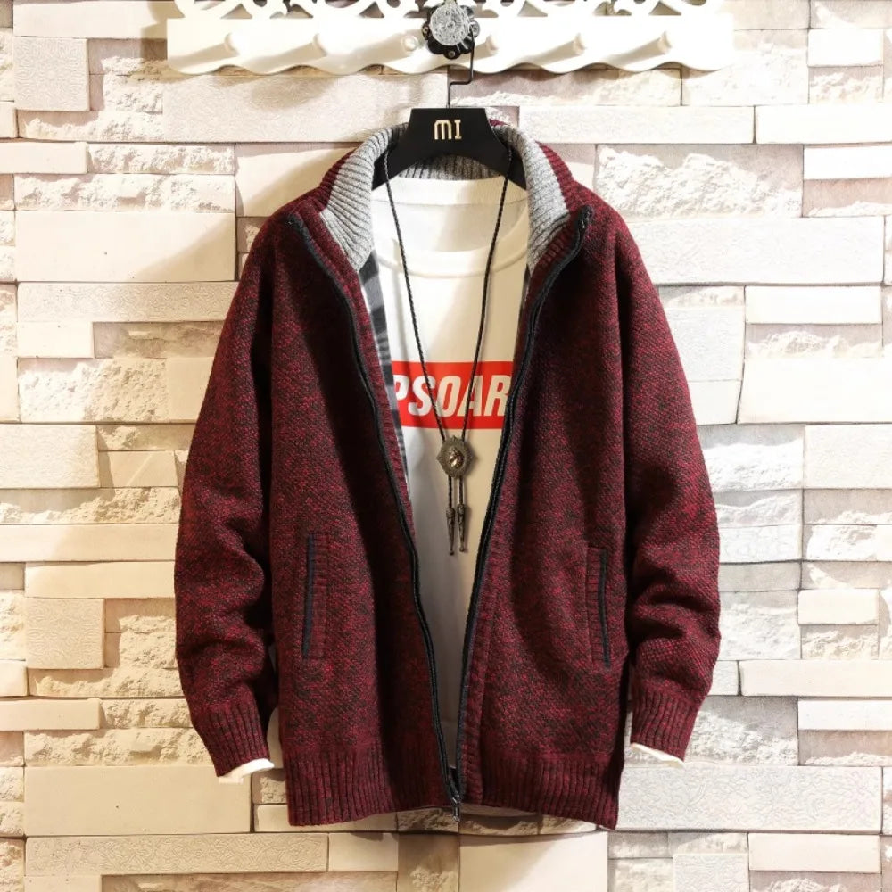 Autumn and Winter New Fleece Thicken Large Size Casual Loose Sweater Men's Jacket Stand-up Collar Cardigans