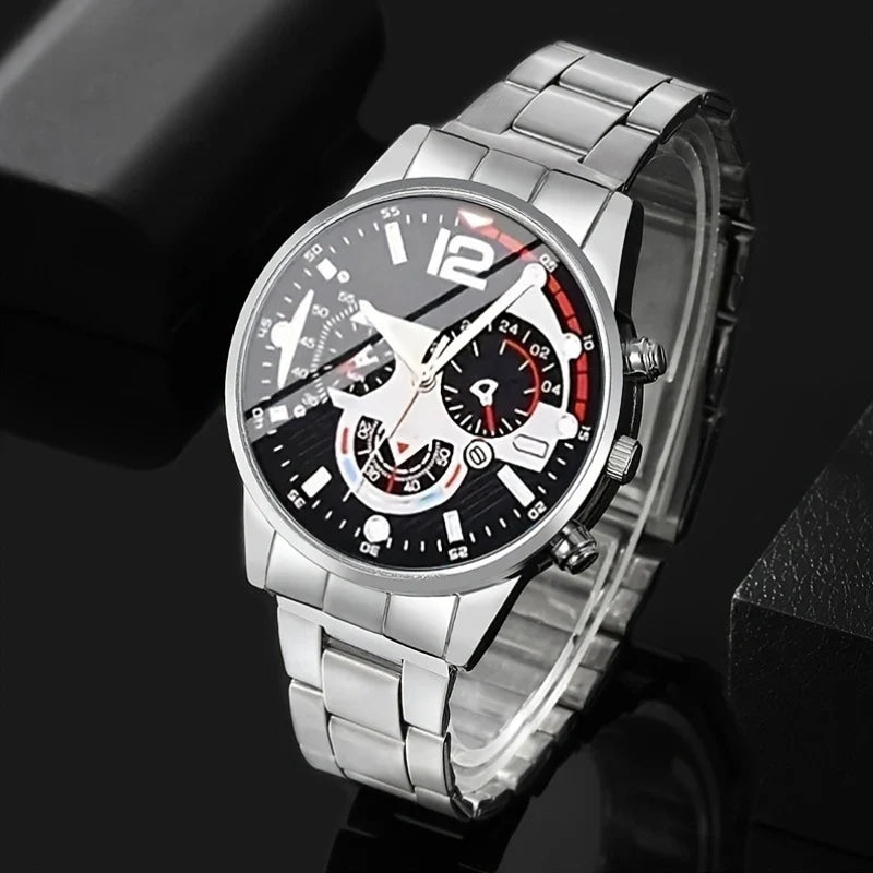 6PCS Luxury Men Business Watches Rings Set Fashion Steel Band Man Arabic Dial Quartz Wristwatch (Without Box)