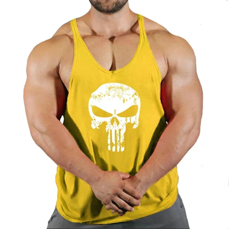 Mens Bodybuilding Faux Cotton Tank Top Gym Fitness Sports Sleeveless Top Skull Print Breathable Tank Top Mens Summer Tank Top