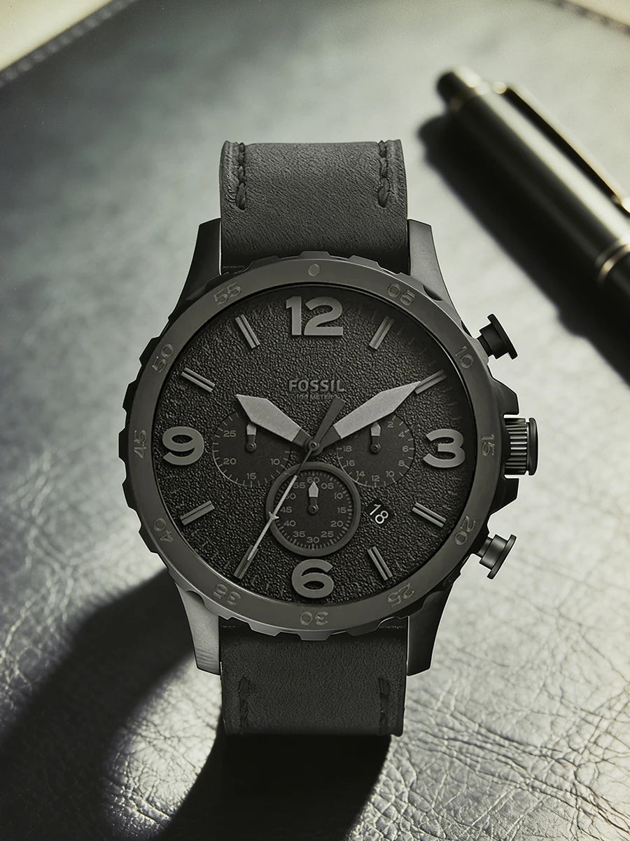 Fossil JR1354 Nate Chronograph Men Watch Black Leather 50mm Big Dial Military Sport Quartz Wristwatch Relogio Masculino
