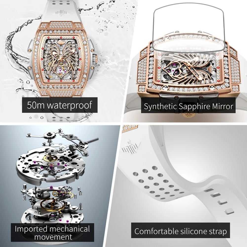 OUPINKE, marca de lujo, reloj mecánico para mujer, diseño de alas de Ángel de amor, esqueleto, automático, elegante, blanco, reloj de pulsera para mujer, nuevo