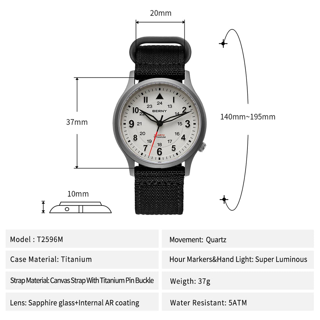 BERNY Titanium Watches for Men Classic Mens Field Watch Easy Read Outdoor Quartz Wristwatch Super Luminous Sapphire 5ATM