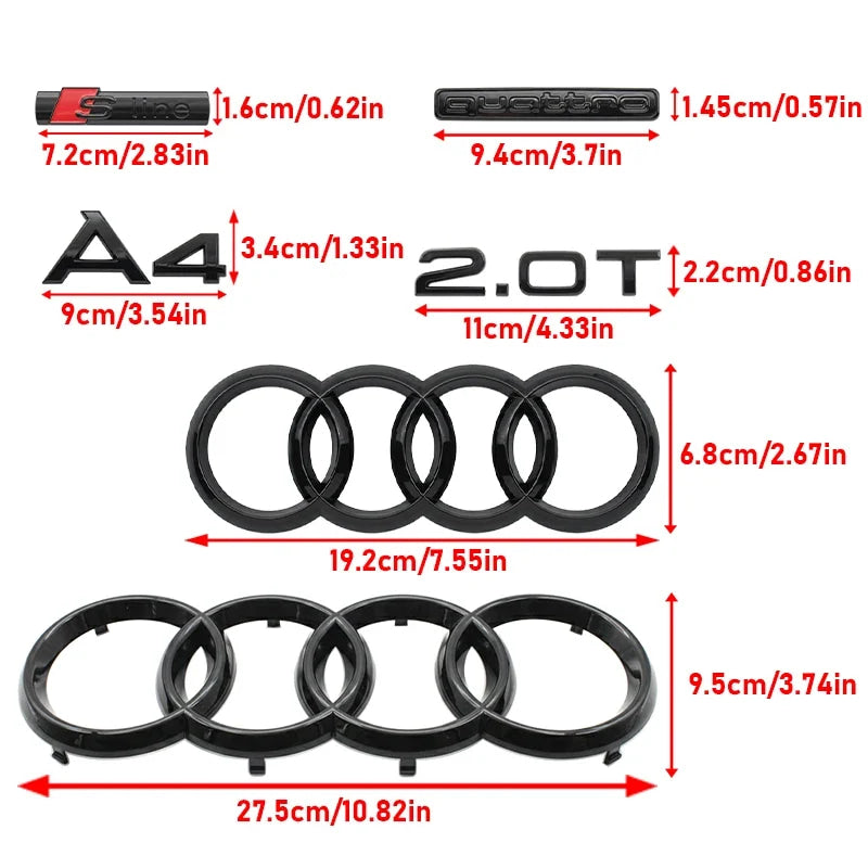 For Audi A4 2008-2017 4Ring Logo Black Car Hood Front Grill Rear Trunk Emblem Stickers A4 Mark Quarrto Sline Emblem Accessories
