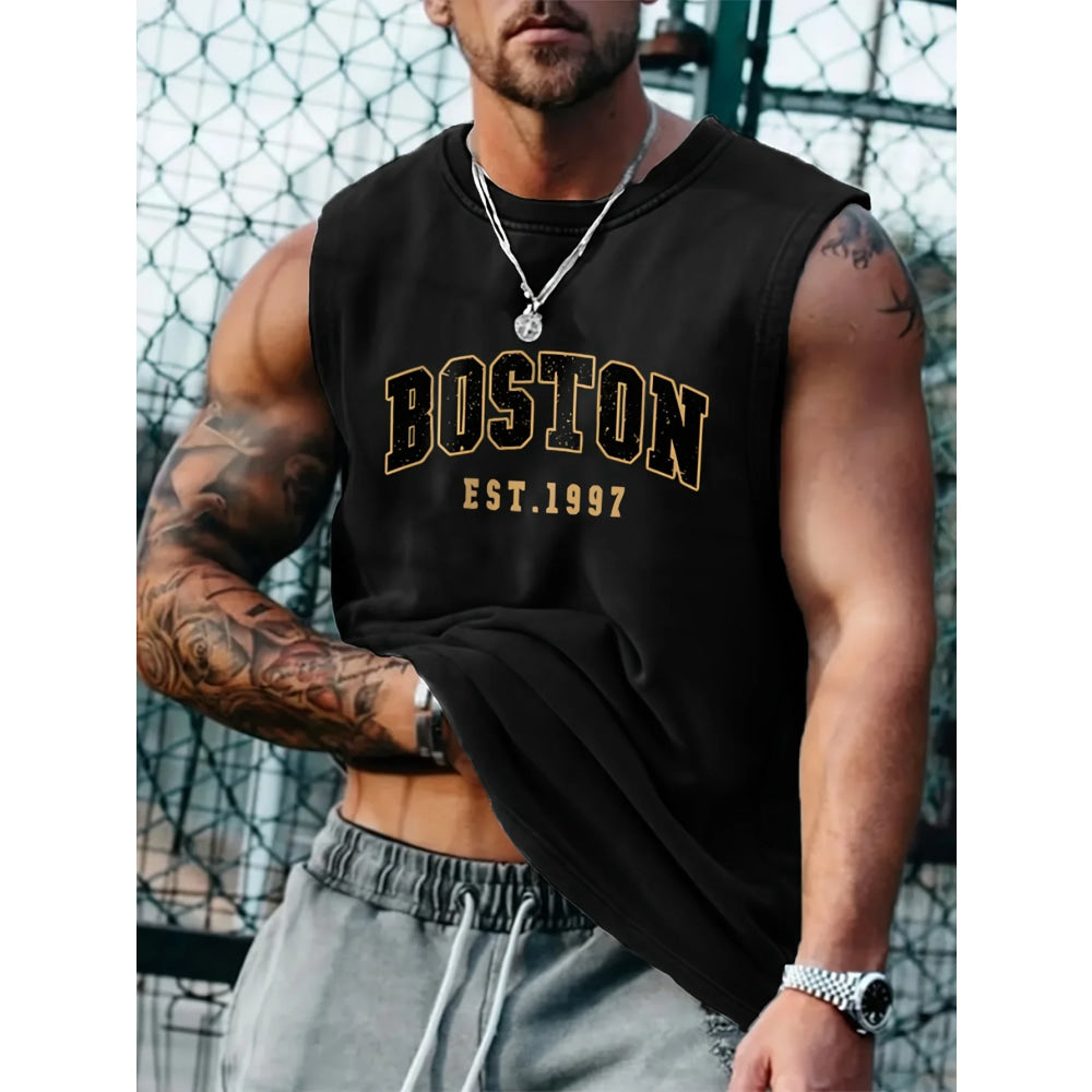 Men's summer fashion casual sports loose Boston est 1997 Print comfortable breathable round neck sleeveless vest