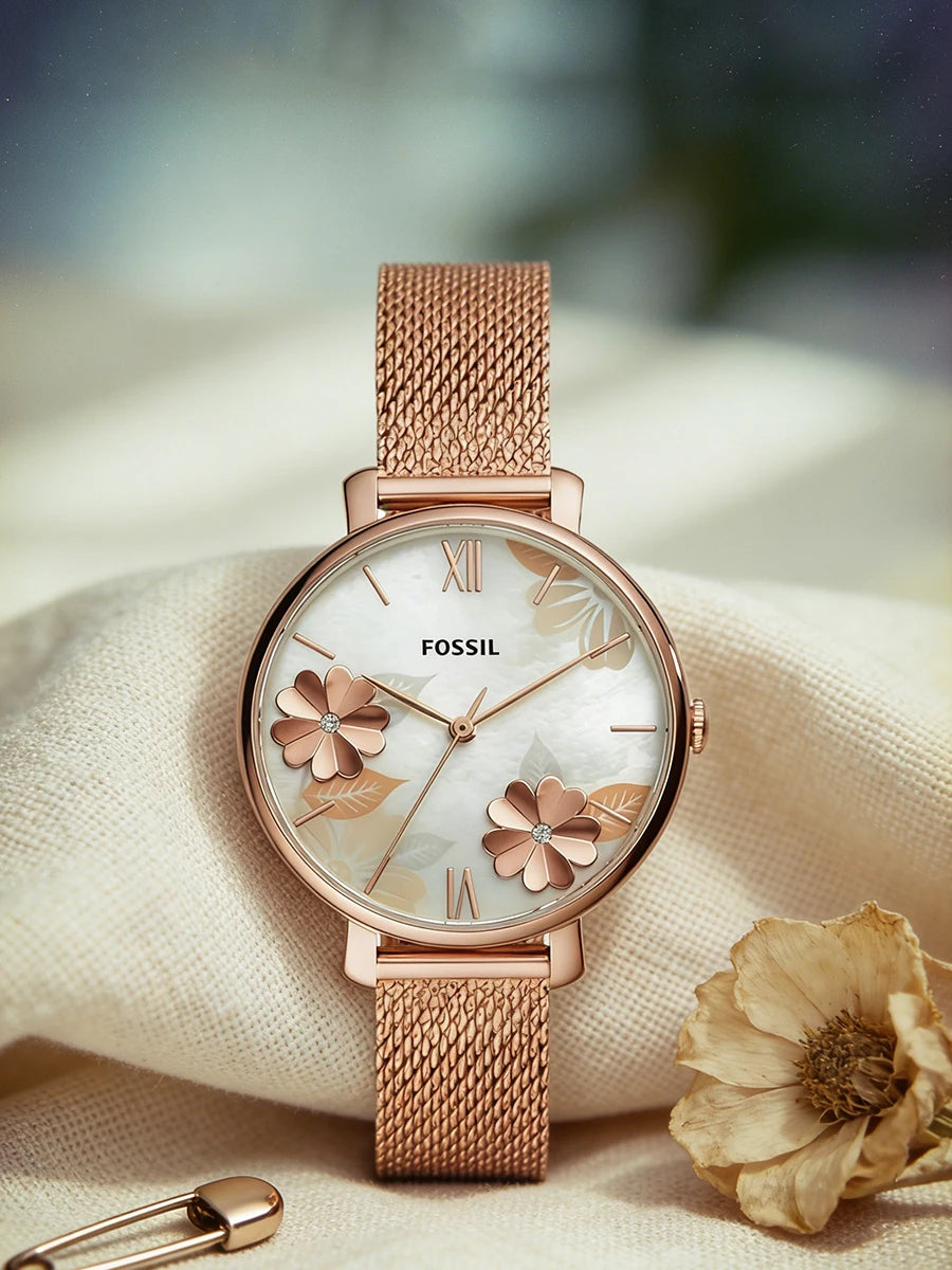 Fossil ES4534 Luxury Rose Gold Women Watches Stainless Steel Mesh Strap Quartz Wristwatch Mother of Pearl Clock Reloj Mujer