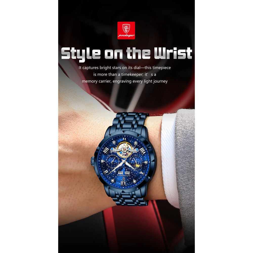 POEDAGAR Luxury Men Wristwatch Fashion Date Hollow Tourbillon Man Clock Automatic Mechanical Stainless Steel Men's Watches Reloj