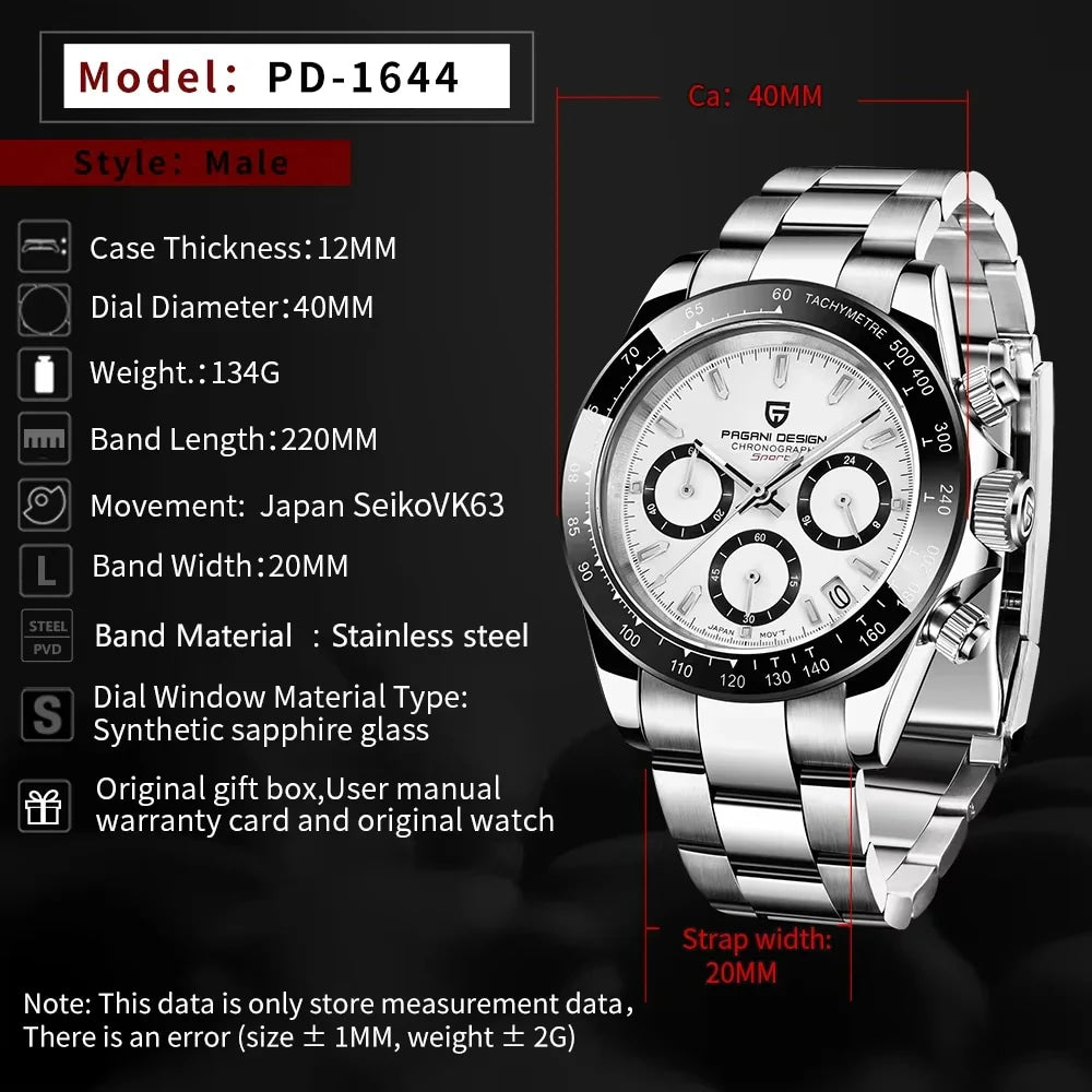 New PAGANI DESIGN PD1644 Luxury Men's Quartz Watch Automatic date Wristwatches Sport 100m Waterproof Chronograph Men Gift