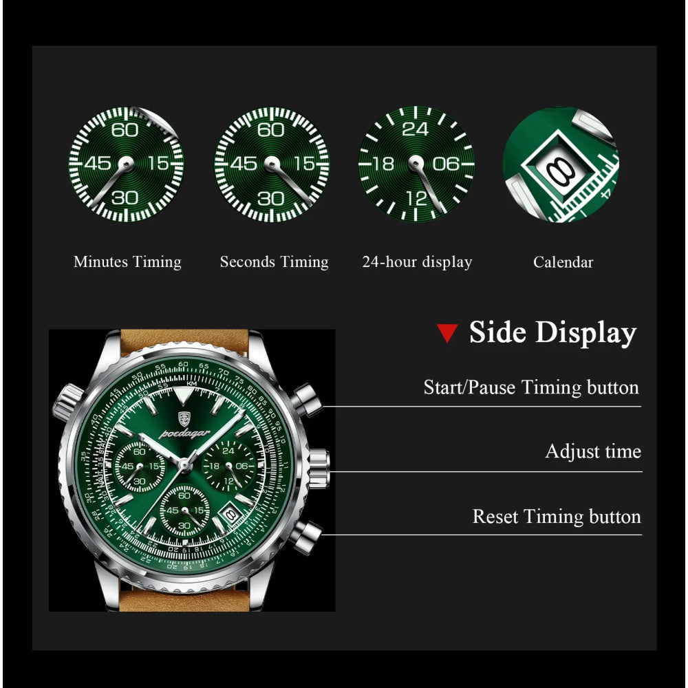 POEDAGAR Luxury Man Watch Quartz Waterproof Luminous Date Chronograph Leather Men Wristwatch Military Sports Men's Watches Reloj