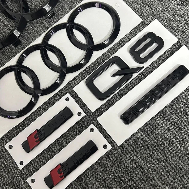 AUDI Q8 4-Ring logo ABS Black Car Hood Front Grill Emblem Rear Trunk Badge Q8 Sticker Quarrto Sline Emblem For Q8 2018-2024