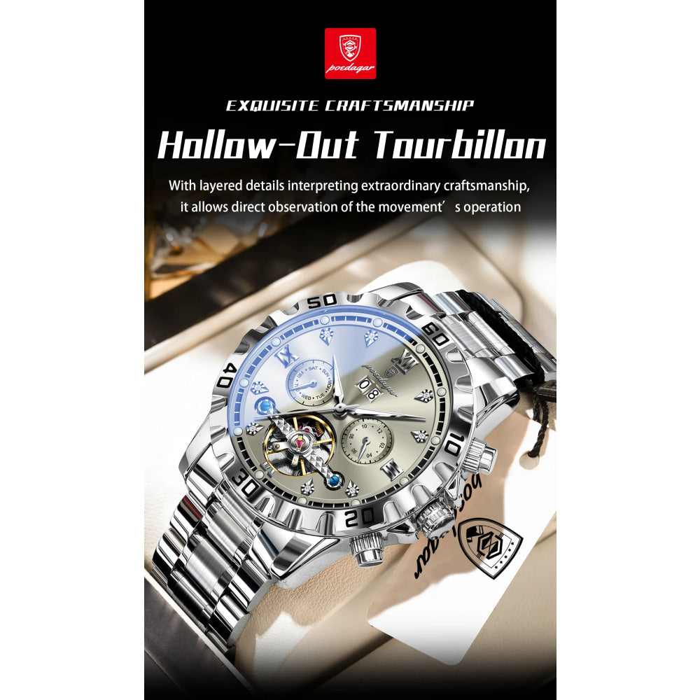 POEDAGAR Luxury Men Wristwatch Hollow Tourbillon Luminous Date Week Man Clock Automatic Mechanical Stainless Steel Men's Watches
