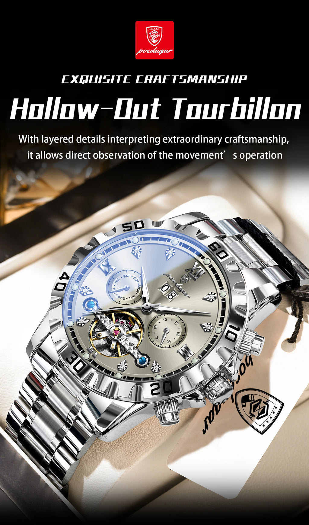 POEDAGAR Luxury Men Wristwatch Hollow Tourbillon Luminous Date Week Man Clock Automatic Mechanical Stainless Steel Men's Watches