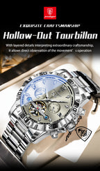 POEDAGAR Luxury Men Wristwatch Hollow Tourbillon Luminous Date Week Man Clock Automatic Mechanical Stainless Steel Men's Watches