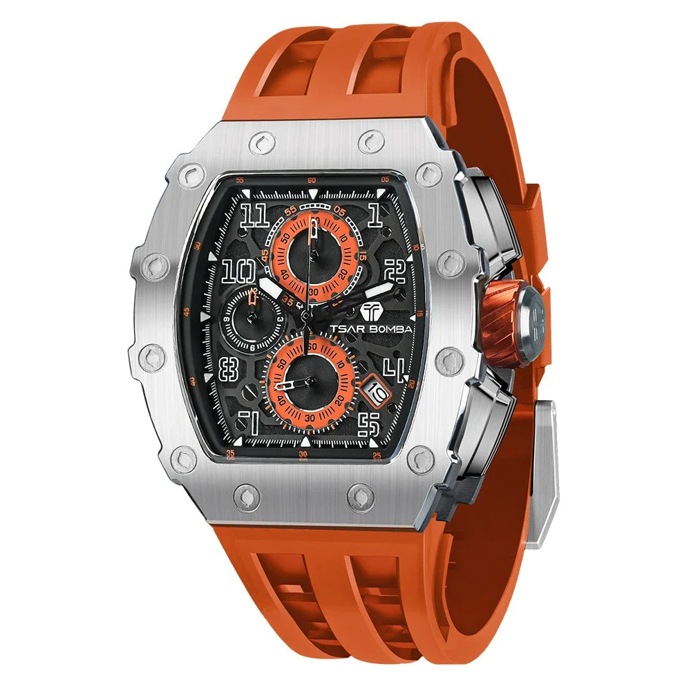 TSAR BOMBA Watch for Men Luxury Brand Tonneau Design Waterproof Clock Stainless Steel Wristwatch Fashion Rectangle Mens Watch