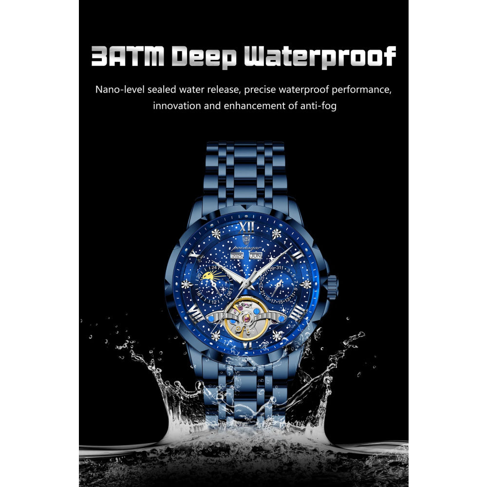 POEDAGAR Luxury Men Wristwatch Fashion Date Hollow Tourbillon Man Clock Automatic Mechanical Stainless Steel Men's Watches Reloj