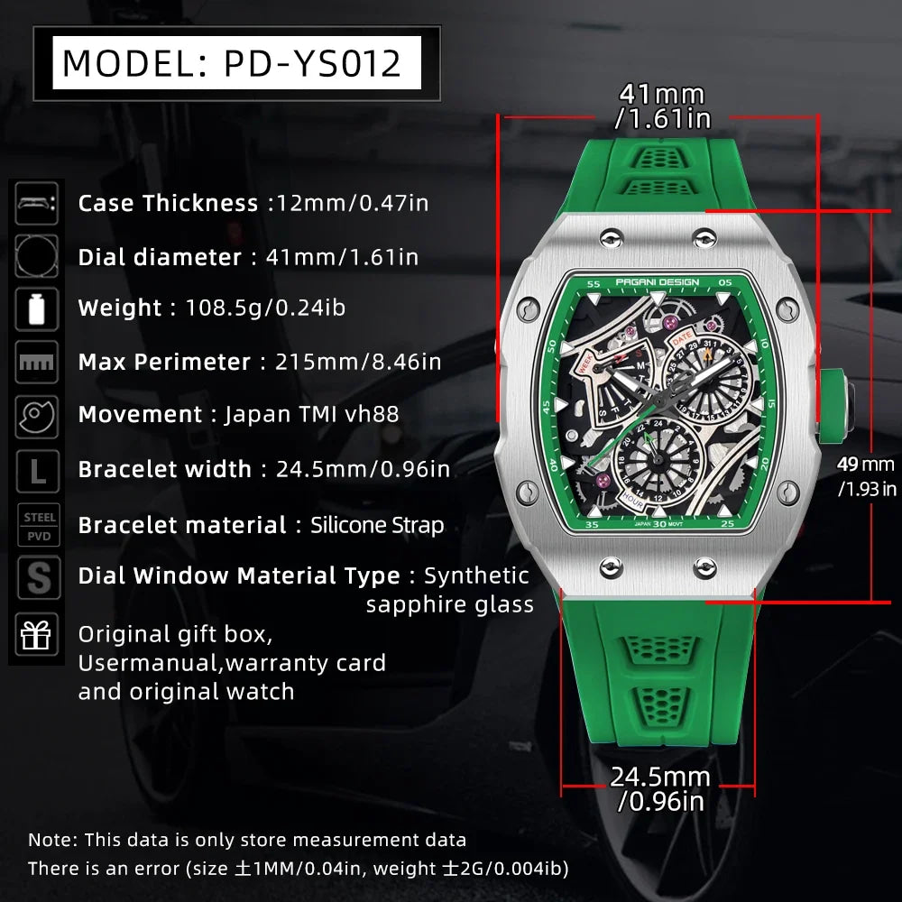 PAGANI DESIGN skeleton Watch Sapphire YS012 Automatic Men’s Quartz Watch Silicone Square Clock Waterproof Relogio Masculino